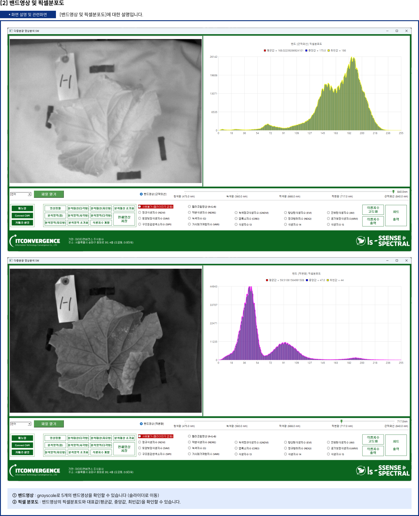 밴드영상 및 픽셀분포도에 대한 설명입니다.